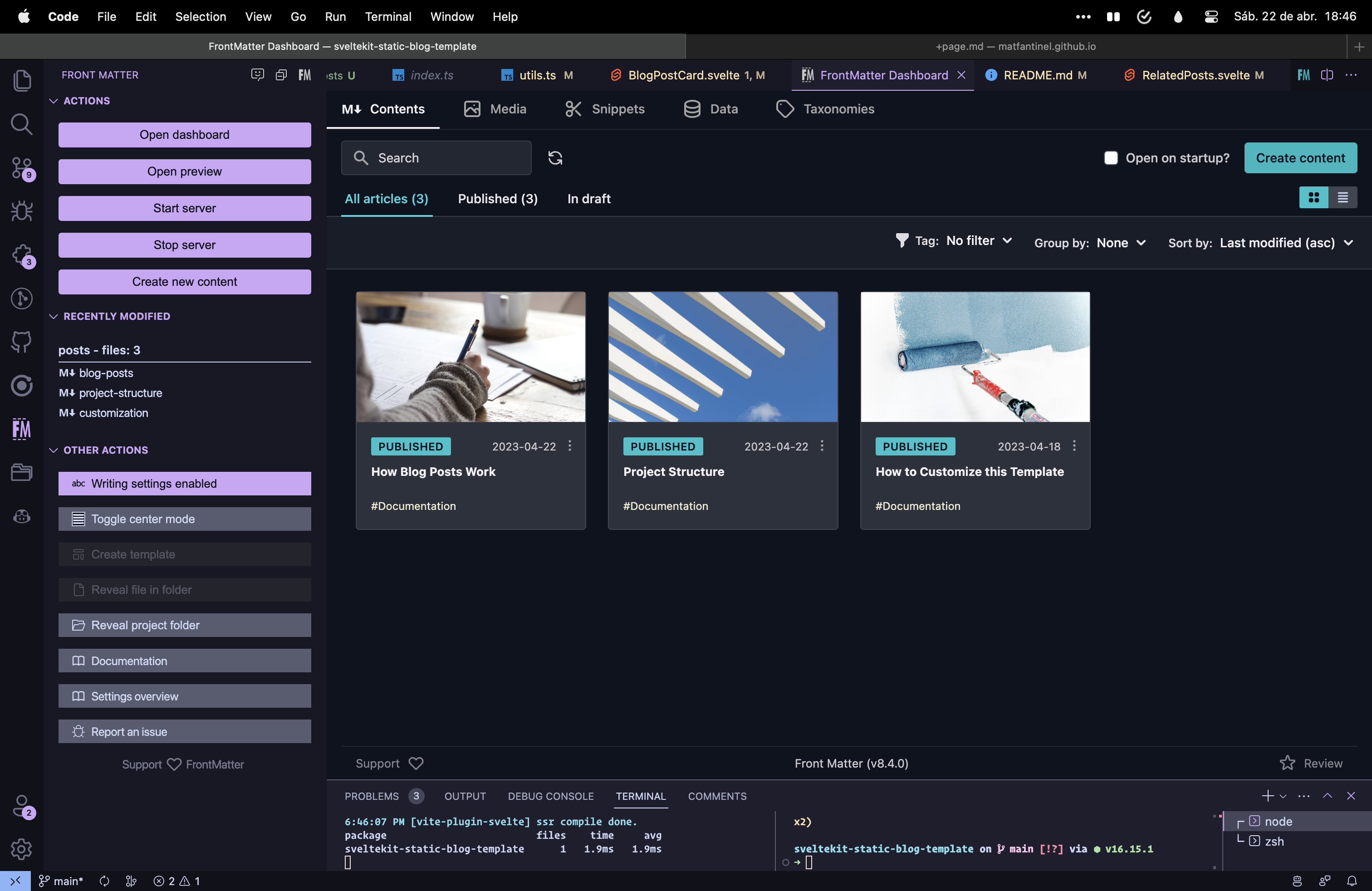 Screenshot of the Front Matter VS Code extension, showing the dashboard with all posts