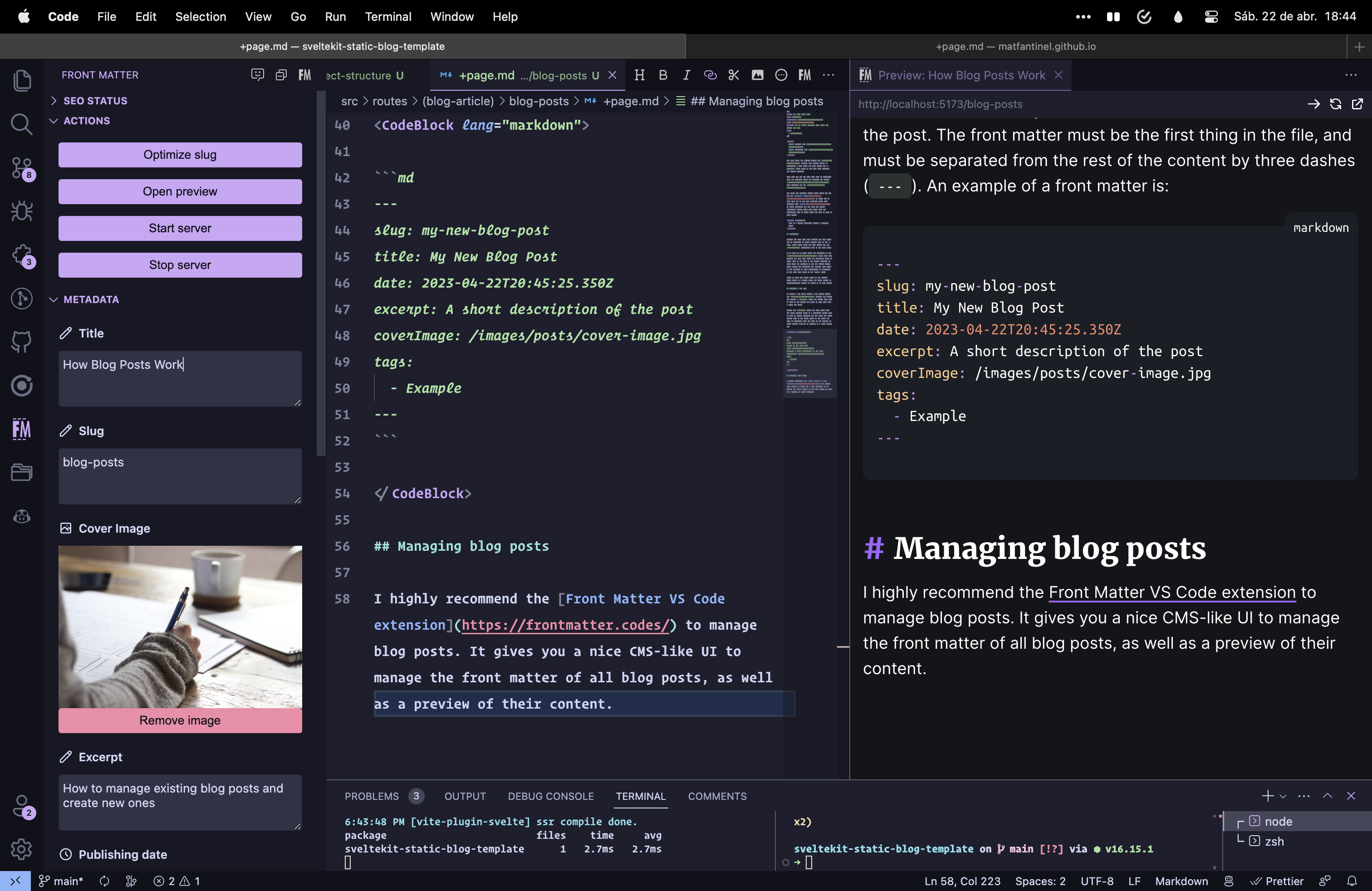 Screenshot of the Front Matter VS Code extension, showing the post editing UI